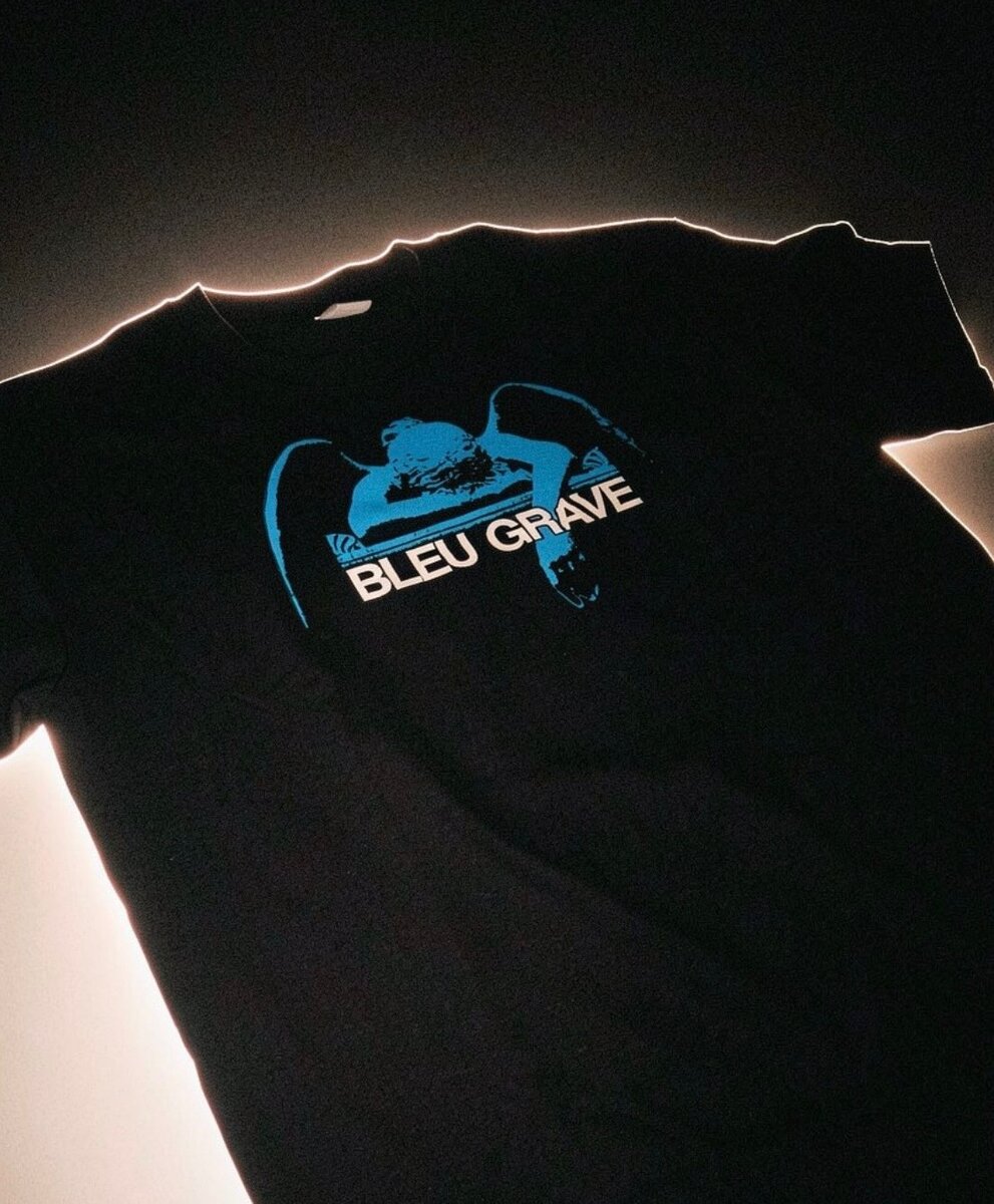 Black Bleu Grave t-shirt with a blue winged angel design and the band name across the chest.
